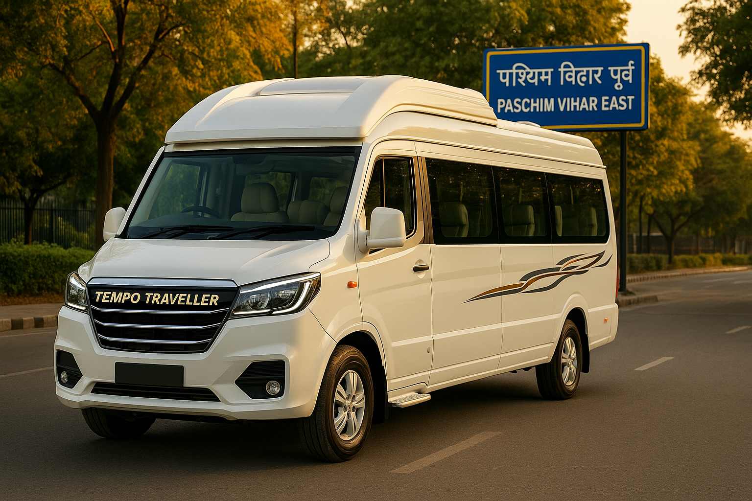 White luxury Tempo Traveller in Paschim Vihar East with location board in background.